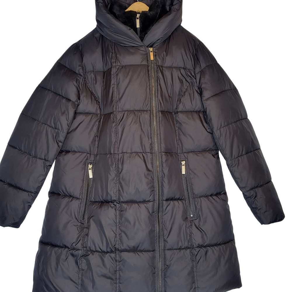 Larry Levine Women's Puffer Coat Hooded Faux Fur Lined Black Long Zip
